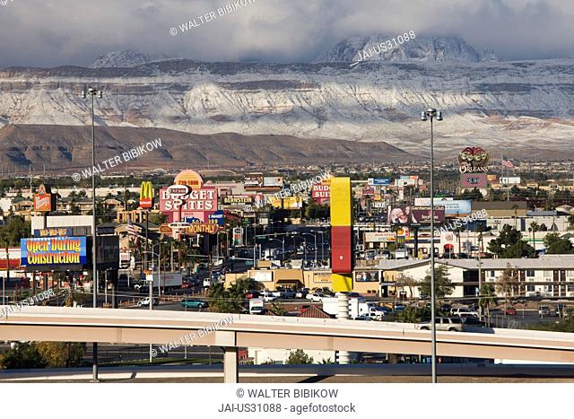 USA, Nevada, Las Vegas, view west of Interstate 15 showing snow on mountains, morning