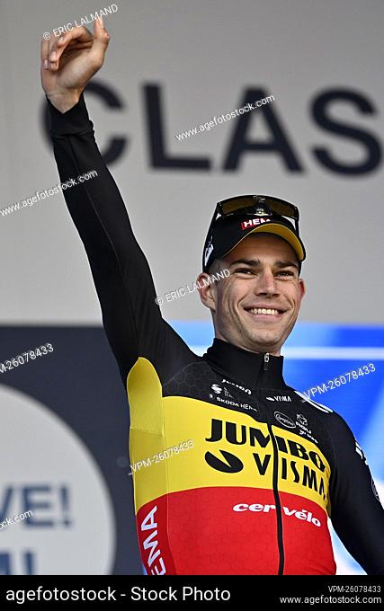 Belgian Wout Van Aert of Team Jumbo-Visma celebrates on the podium after winning the 'E3 Saxo Bank Classic' cycling race, 203, 9km from and to Harelbeke