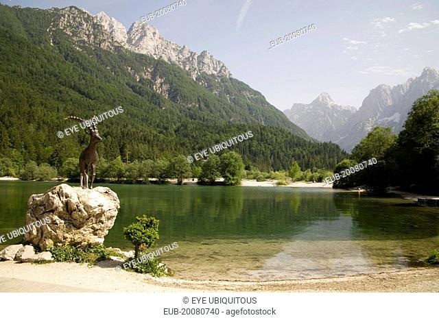 The famous Ibex statue at Lake Jasna just a ten minute walk form the centre of the town at the entrance to Velika Pisnica near the road to Vrsic Mountain Pass...