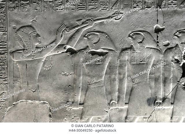 Abydos, Egypt, the mortuary temple of pharaoh Seti I, Menmaatra, (XIX° dyn. 1321-1186 B.C.) - The king incenses the various deities