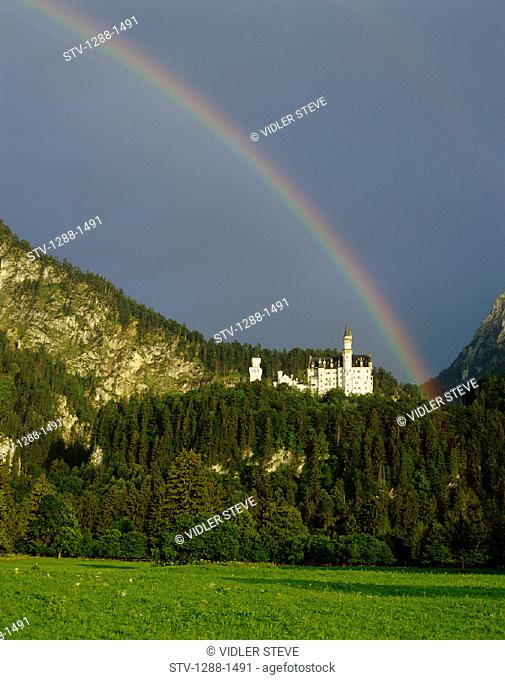 Alps, Bavaria, Castle, Germany, Europe, Holiday, Inspirational, Landmark, Majestic, Medieval, Mountains, Neuschwanstein, Rainbow