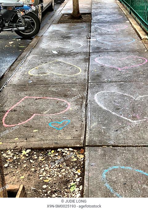 Manhattan, New York City. Chalk Drawn Hearts Lining. a Soho Sidewalk