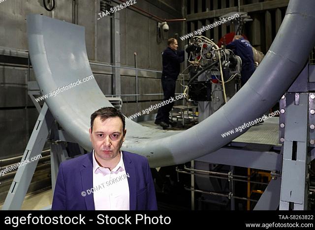 RUSSIA, YEKATERINBURG - APRIL 6, 2023: Chief designer Sergei Vakushin at a propeller testing machine for VK-800SM engines for Baikal utility aircraft at the...