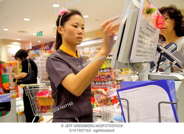 Singapore, Bishan Place, Junction 8, shopping, mall, complex, FairPrice Finest, Fair Price, grocery store, supermarket, food, Asian, woman, cashier, check-out