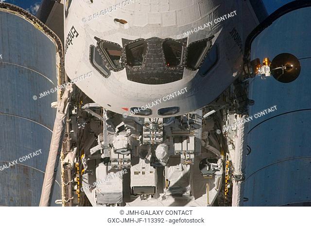 This view of the crew cabin and part of the cargo bay of the Space Shuttle Endeavour was provided by an Expedition 20 crewmember during a survey of the...