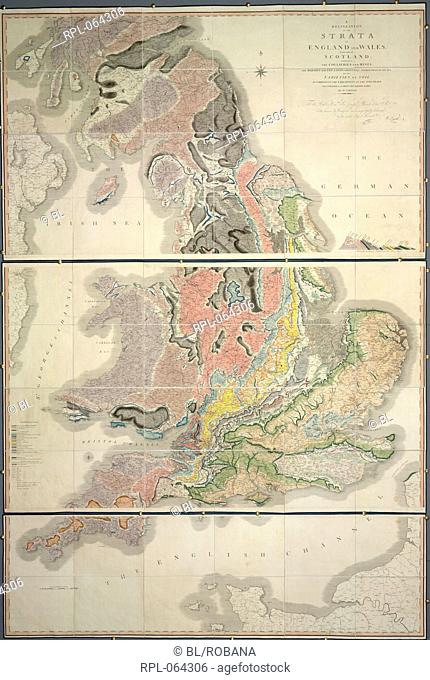 First Geological map of Britain by William Smith. Conventional symbols used to mark canals tunnels tramways and roads collieries lead copper and tin mines...