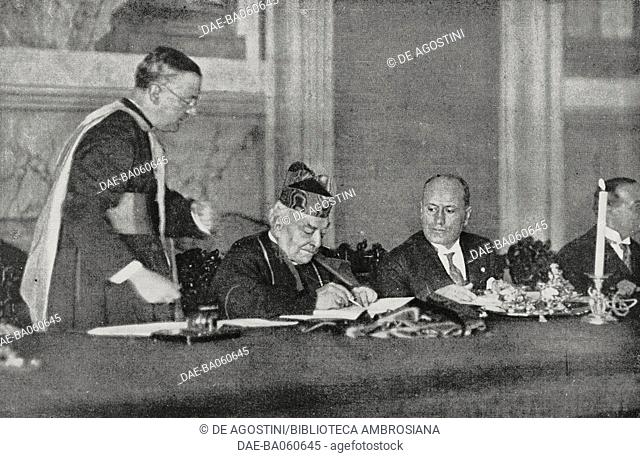 Cardinal Pietro Gasparri underwriting the Lateran pacts, February 11, 1929, from L'Illustrazione Italiana, Year LVI, No 7, February 17, 1929