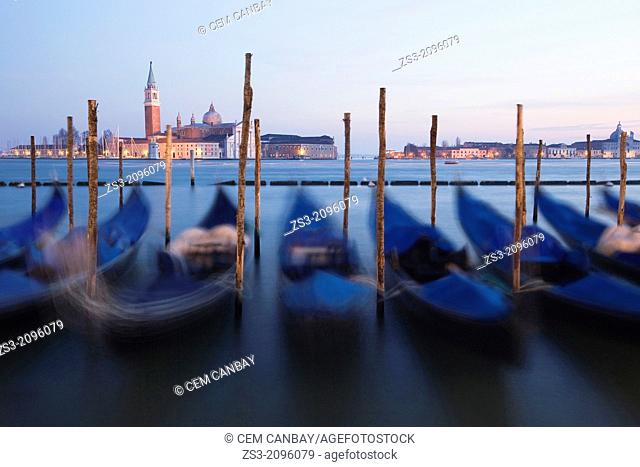 Gondolas on the Grand Canal with the San Giorgio Maggiore Church at the background, Piazza San Marco, Venice, Veneto, Italy, Europe