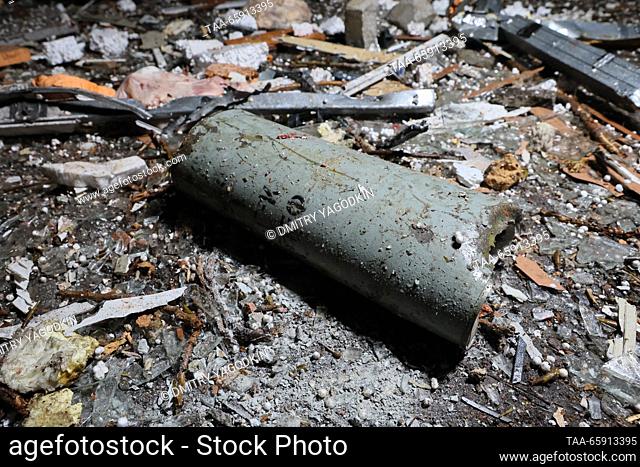 RUSSIA, DONETSK - DECEMBER 19, 2023: A shell fragment is seen in a building damaged in shelling in the Kiyevsky neighbourhood. Dmitry Yagodkin/TASS