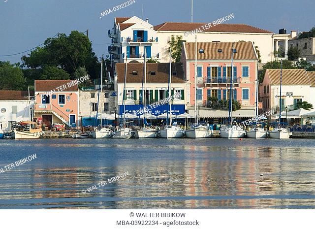 Greece, Ionic islands, island kefalonia, Fiskardo, locality perspective, harbor, Europe, Mediterranean-island, village, fisher-village, houses, buildings