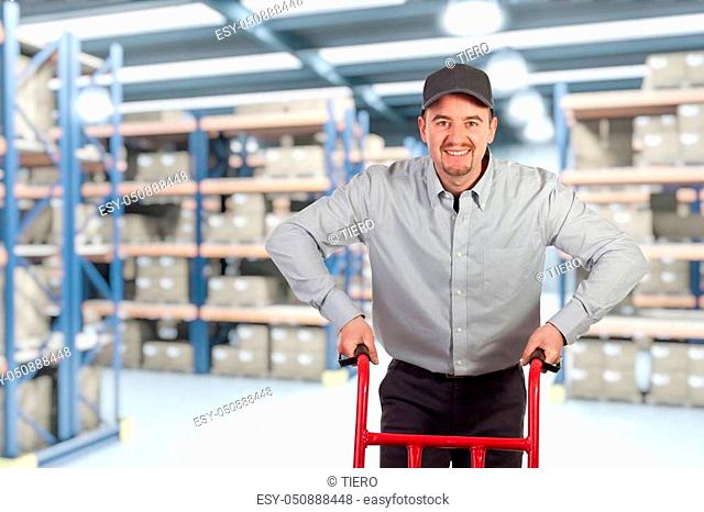 classic warehouse and smiling deliveryman