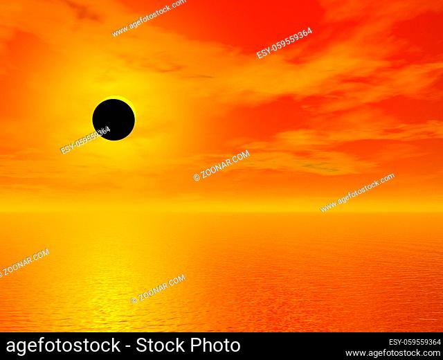 Solar eclipse over the ocean by sunset- 3D render