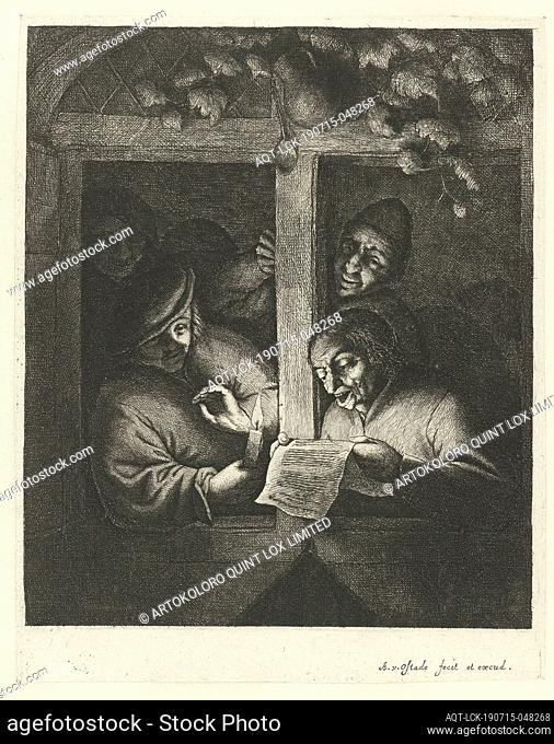 Three men sing from sheet of paper by candlelight in an open window The rederijkers, The three singers in an open window is a satire at the literary meetings of...