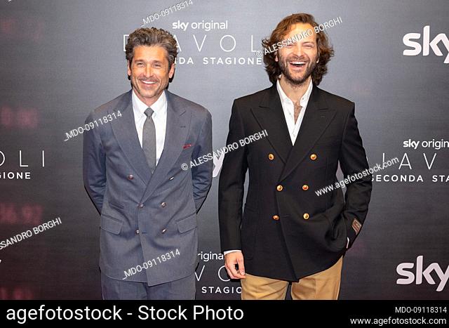 American actor Patrick Dempsey and Italian actor Alessandro Borghi on the red carpet for the premiere of the second season Devils, produced by Sky Original