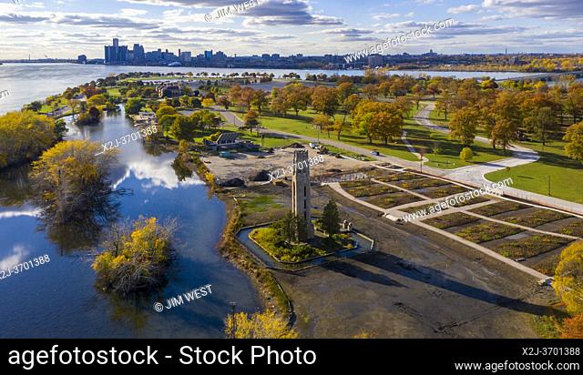 Detroit, Michigan - The Nancy Brown Peace Carillon on Belle Isle, an island park in the Detroit River. Next to the carillon is the newly-planted Piet Oudolf...