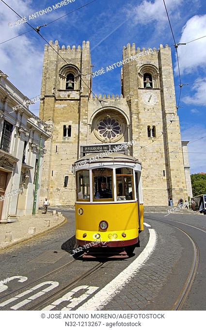 Lisbon  Sé cathedra and Tramway in Alfama District  Portugal