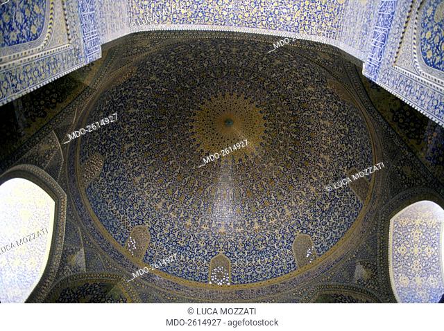 Shah Mosque (Masjid-e Shah), 1612-1638, 17th Century, mixed technique. Iran, Isfahan. Detail. Detail view from below of the Mihrab cupola decorated with mosaics...