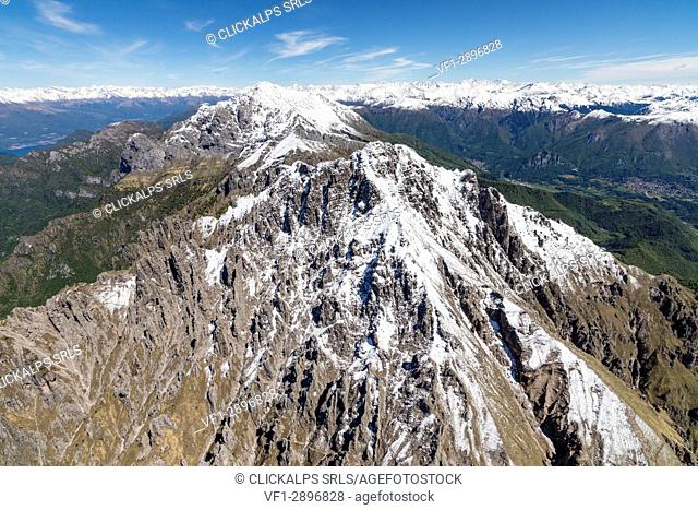 Aerial view of the snowy ridges of Grignetta and Grignone mountains in spring Lecco Province Lombardy Italy Europe