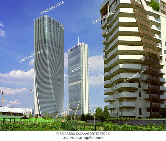 Italy, Lombardy, Milan, Skyline Left Hadid Tower called Lo Storto Right Allianz Tower Called Il Dritto