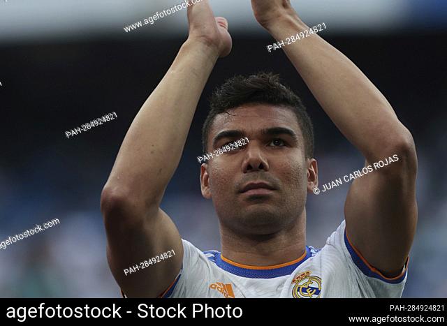 Madrid Spain; 30.04.2022.- Casemiro Real Madrid player celebrates the victory over Espanyol and obtaining the Spanish league championship