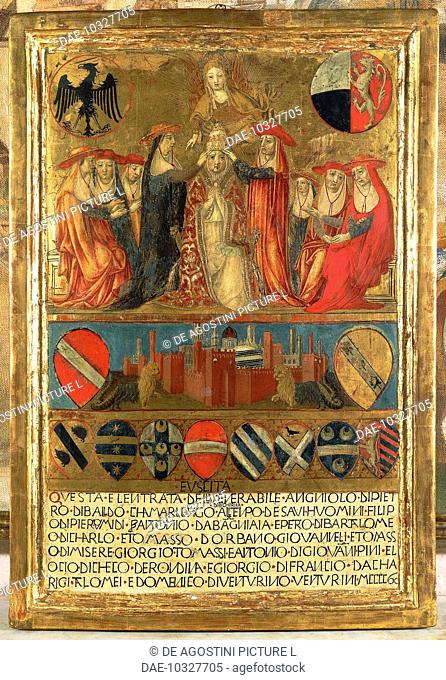 Coronation of Pope Pius II, with the city of Siena at the bottom guarded by two heraldic lions, by Giovanni di Paolo (1403-1483), Biccherna (painted covers)