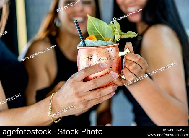 Female friends holding mug at cocktail bar