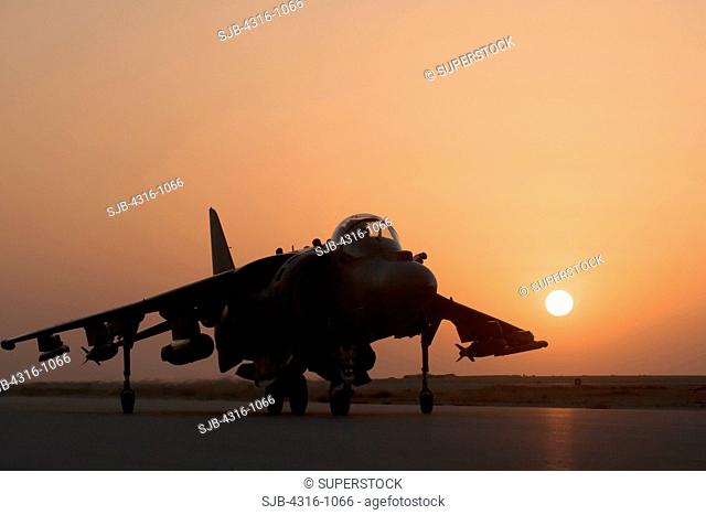 Sunset Landing of a US Marine Corps AV-8B Harrier at Al Asad Air Base in Iraq's Al Anbar Province