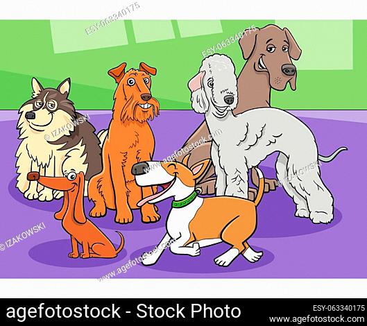Cartoon illustration of funny purebred dogs and puppies animal characters group