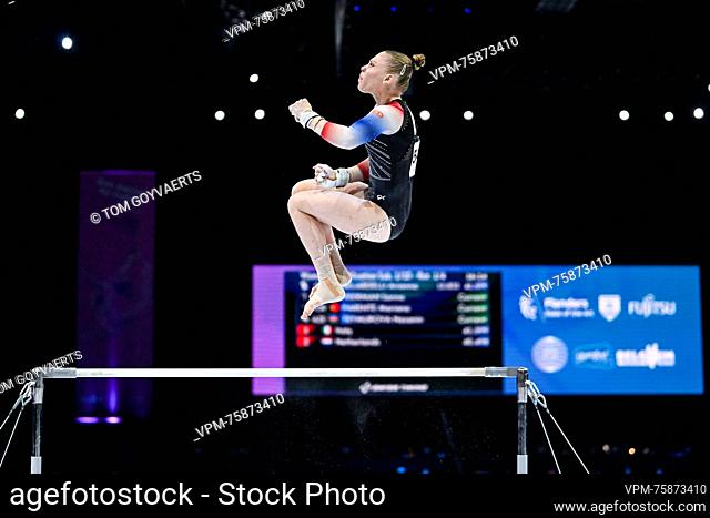 Dutch Sanna Veerman pictured in action at the uneven bars during the women's qualifications on the second day of the Artistic Gymnastics World Championships