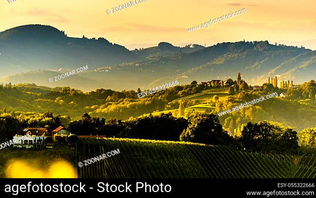 South styria vineyards landscape panorama, near Gamlitz, Austria, Eckberg, Europe. Grape hills view from wine road in spring