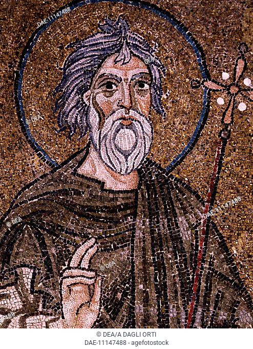 Half-figure of Apostle Andrew holding up a starry cross, detail from the enthroned Virgin with archangels and apostles, mosaic