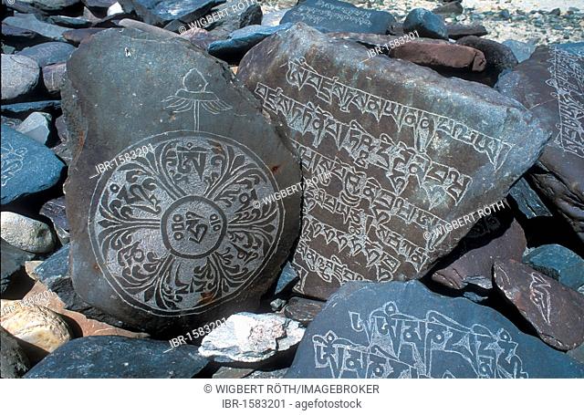 Buddhist Mani stones with sacred mantras, Zanskar, Himalaya, Jammu and Kashmir, North India, Asia