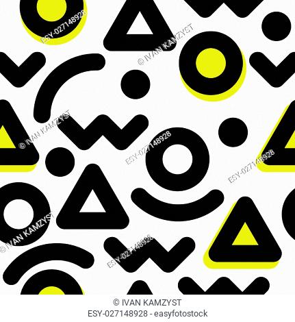 Universal vector seamless pattern, hand-drawn doodles, flat geometric creative, mathematics figures in black and white with yellow circle