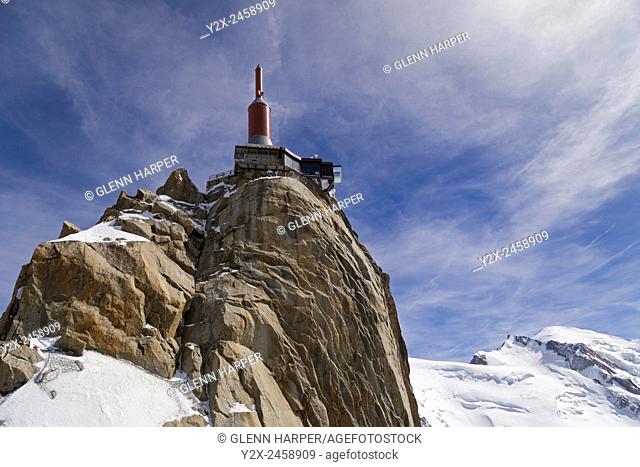 Mont Blanc peak (right) and Aiguille du Midi upper platform (left), Haute-Savoie, Chamonix, France