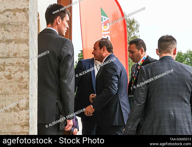 RUSSIA, ST PETERSBURG - JULY 26, 2023: President of the Arab Republic of Egypt Abdel Fattah el-Sisi (C) arrives at the Constantine Palace in Strelna
