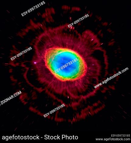 The Ring Nebula is a planetary nebula in the northern constellation of Lyra. Elements of this image furnished by NASA
