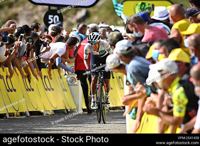 Egan Bernal of Ineos Grenadiers sprint to the finish of stage 13 of the 107th edition of the Tour de France cycling race from Chatel-Guyon to Puy Mary Cantal...