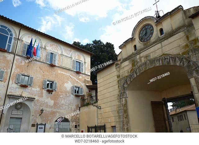Town Hall Palace and Arch with Ancient Clock, Anguillara Sabazia, Lazio, Italy