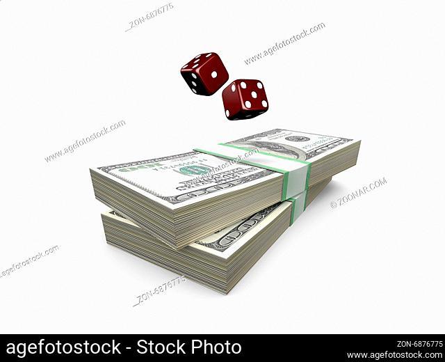 Stack of one hundred dollar bills and red gambling dices, isolated on white