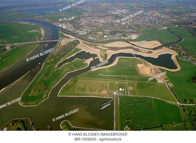 Aerial view, Lippe estuary, Lippe conversion, construction site, Rhine river, Lippe Association, Wesel, Ruhrgebiet region, North Rhine-Westphalia, Germany