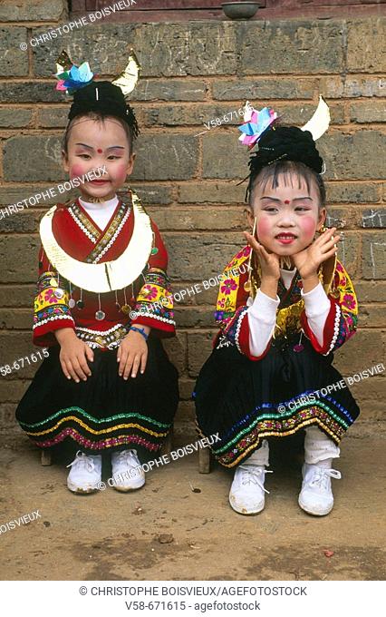 Miao children dressed for a show, lusheng festival, gulong, guizhou, China