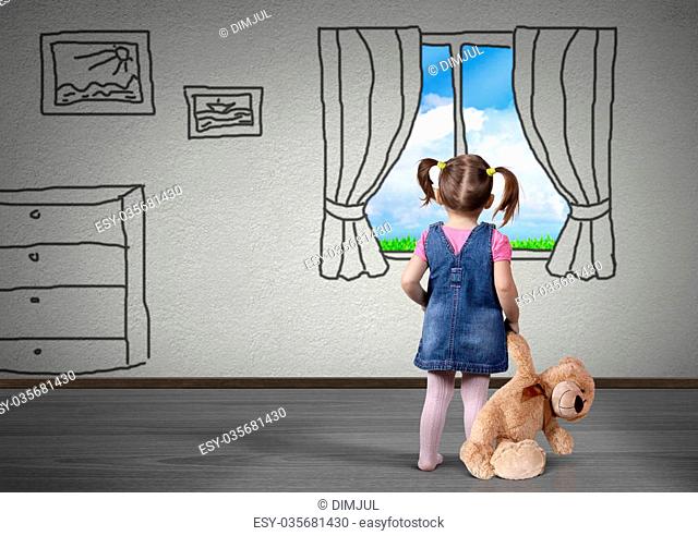 Child girl with toy bear look in the drawn window, dream concept