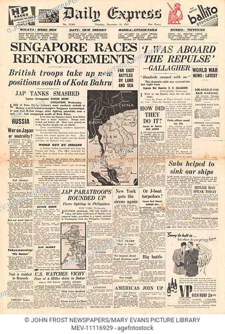 1941 front page Daily Express British send reinforcements to Singapore and sinking of HMS Prince of Wales and HMS Repulse