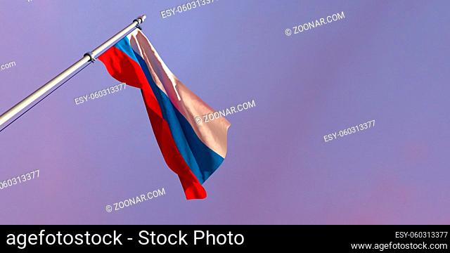 3d rendering of the national flag of the Russia in the evening at sunset against a background of beautiful clouds