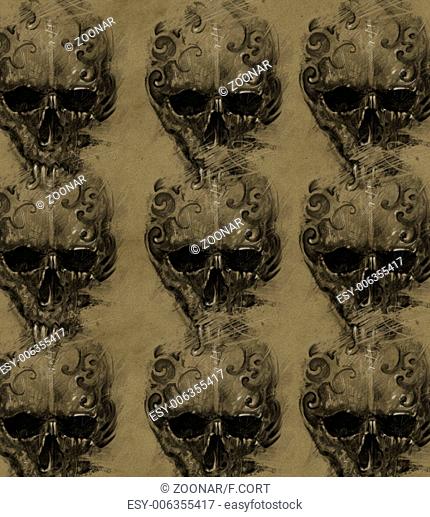 Tattoo skulls over vintage paper, design handmade