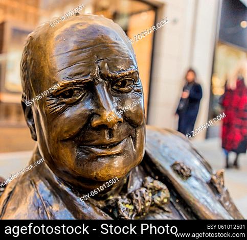 London. November 2018. A view of a statue of Winston Churchill called allies on Bond Street in London