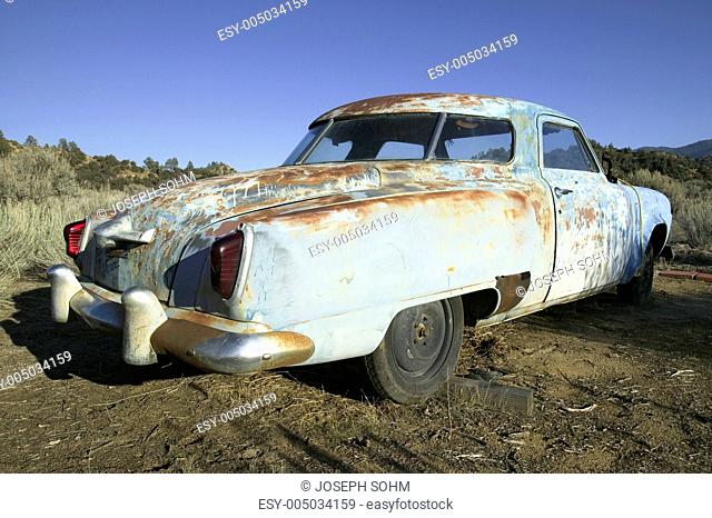 Rusted out mid-50s blue Studebaker on side of road, Route 33, near Cuyama, California