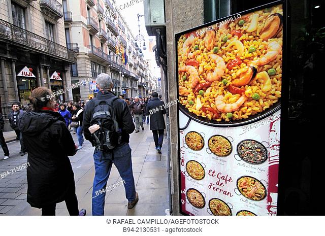 Advertisement of paellas, Carrer Ferran street, Gothic area, Ciutat Vella district, Barcelona, Catalonia, Spain