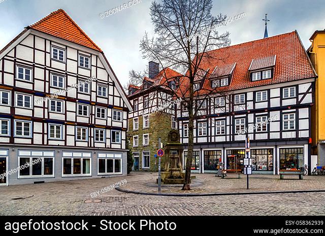 Square with fountain in Soest city center, Germany