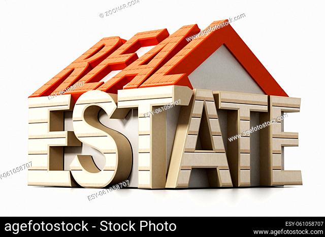 Real estate word in house shape. 3D illustration